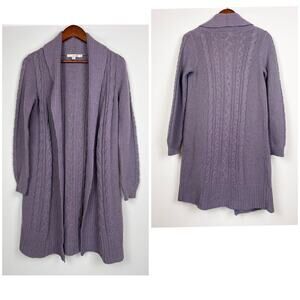 BODEN WOOL BLEND CABLE KNIT OPEN FRONT US 6 CARDIGAN PURPLE SHAWL COLLAR SWEATER